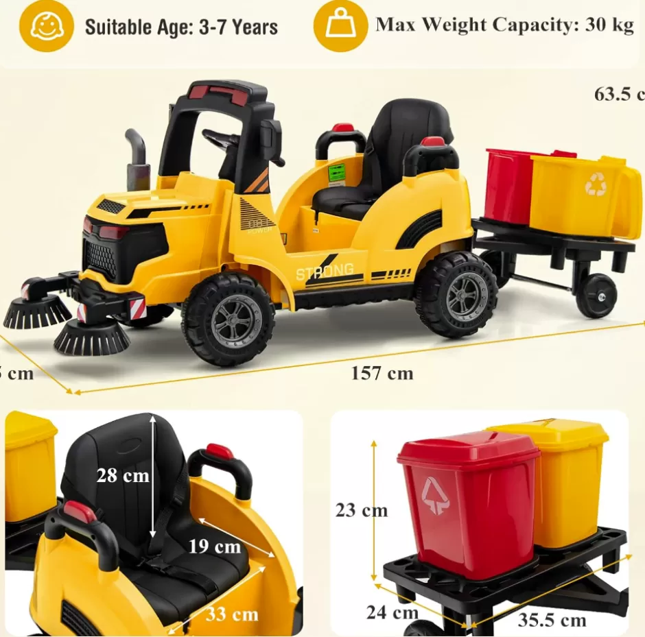 Best Baby Direct  Kids Electric Ride-On Car, 12V Street Sweeper Truck w/2 Rotating Brushes & 2 Removable Rubbish Bins