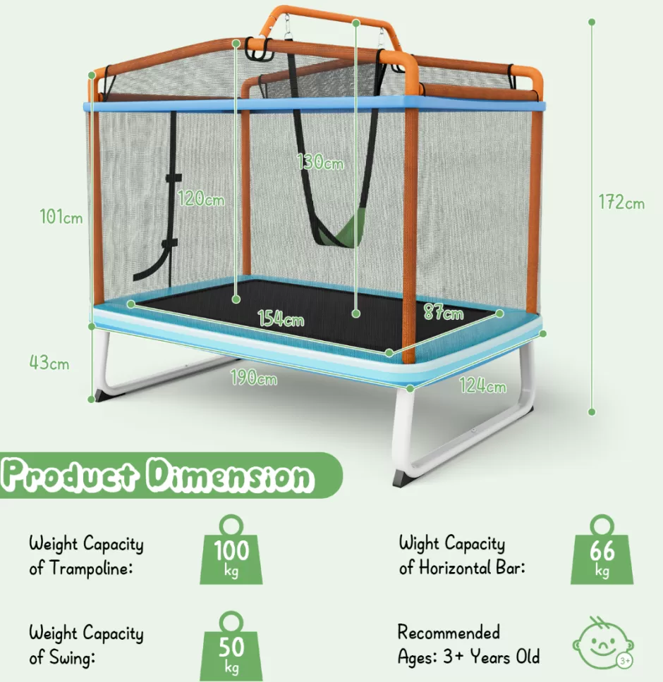 Online Baby Direct Rectangular 3-in-1 Trampoline Set with Swing and Horizontal Bar
