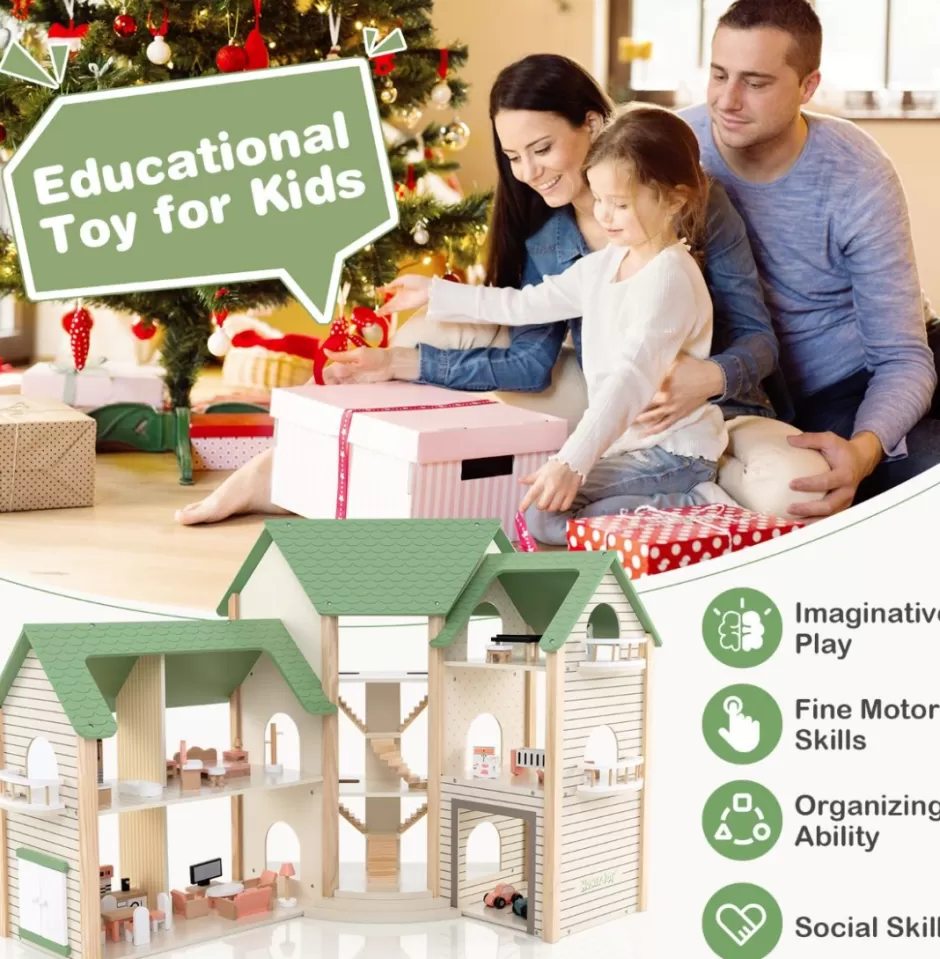 Cheap Baby Direct Corner Wooden DIY Dollhouse Playset with 34-Piece Furniture & Accessories