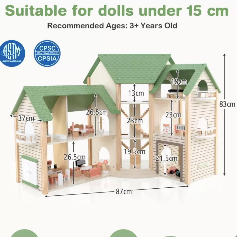 Cheap Baby Direct Corner Wooden DIY Dollhouse Playset with 34-Piece Furniture & Accessories