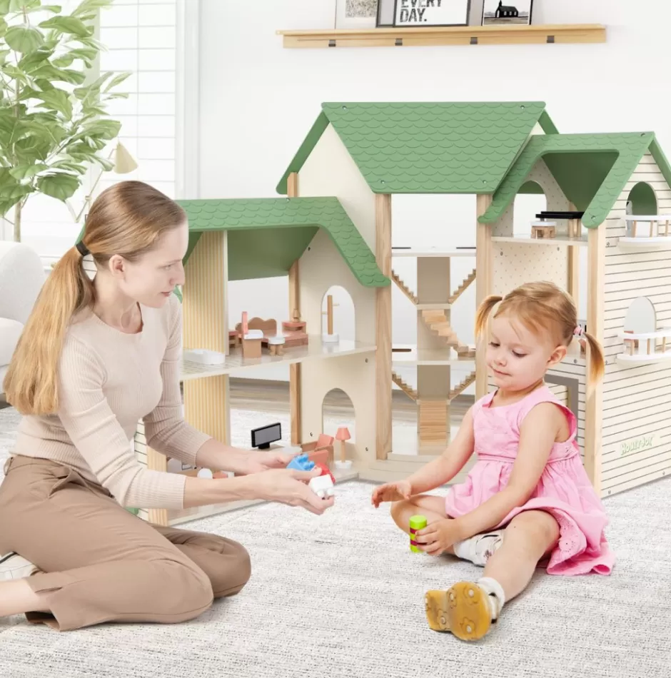 Cheap Baby Direct Corner Wooden DIY Dollhouse Playset with 34-Piece Furniture & Accessories