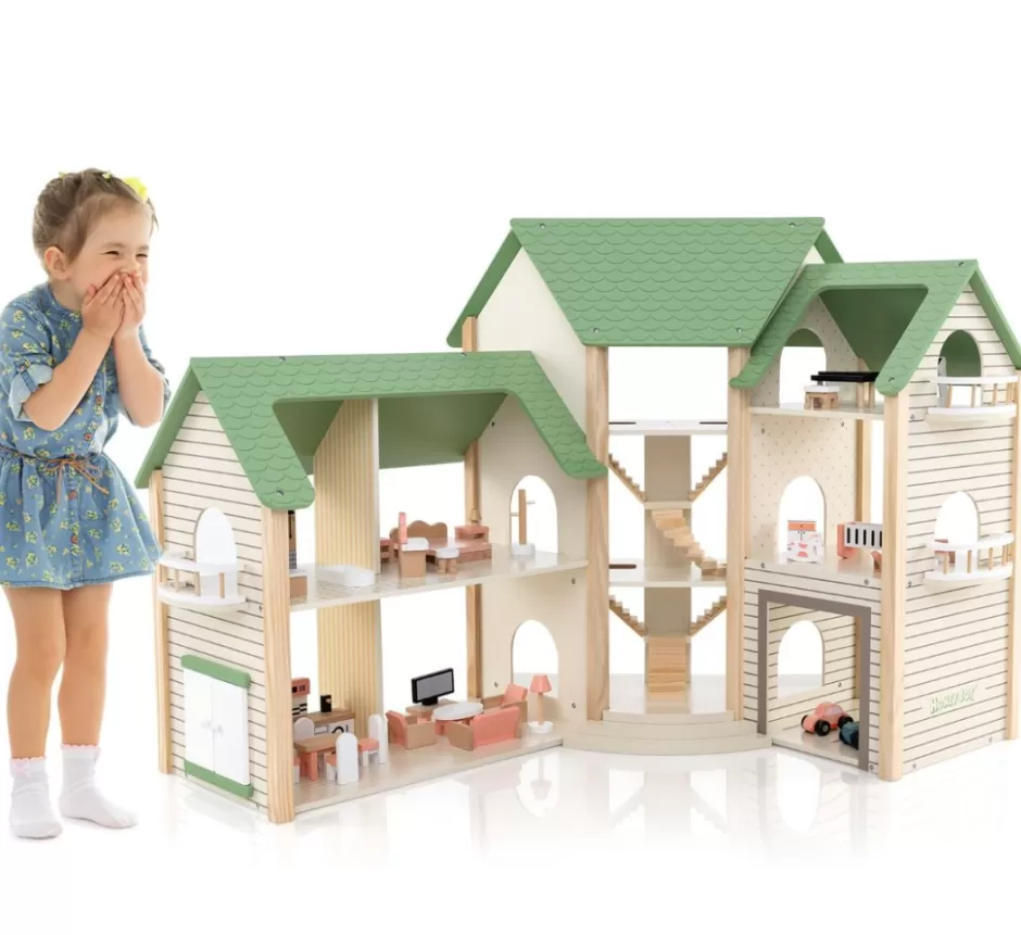 Cheap Baby Direct Corner Wooden DIY Dollhouse Playset with 34-Piece Furniture & Accessories
