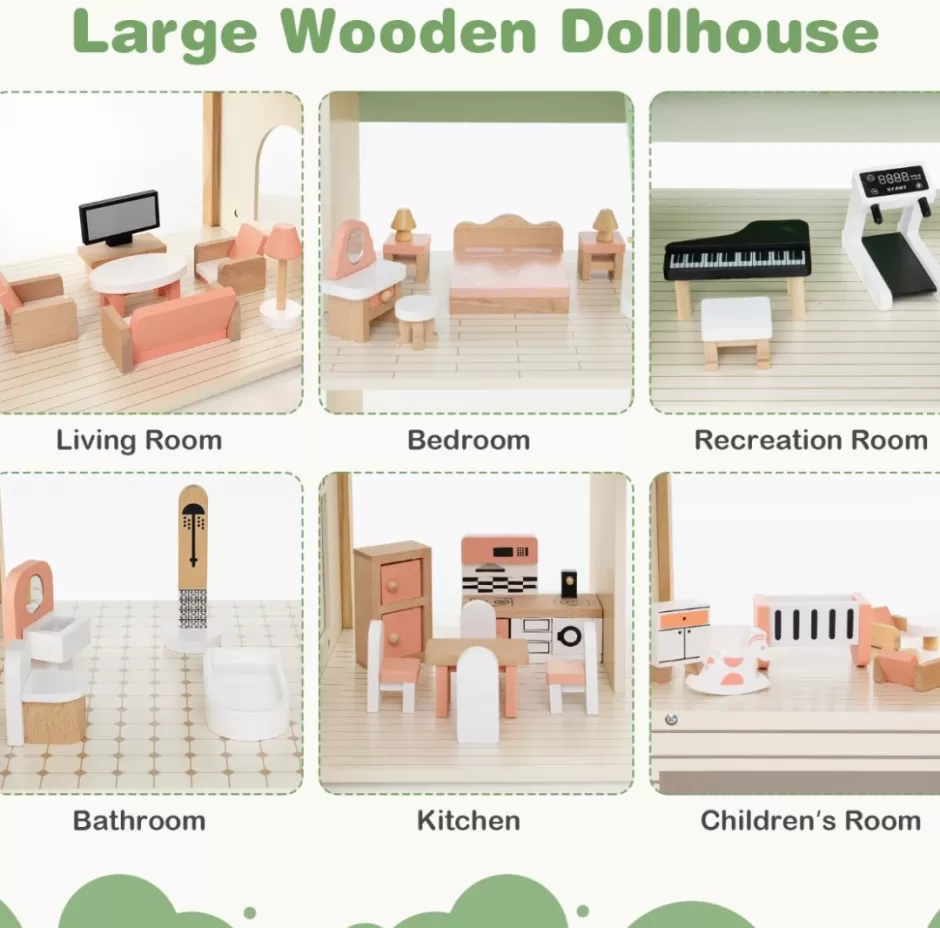 Cheap Baby Direct Corner Wooden DIY Dollhouse Playset with 34-Piece Furniture & Accessories