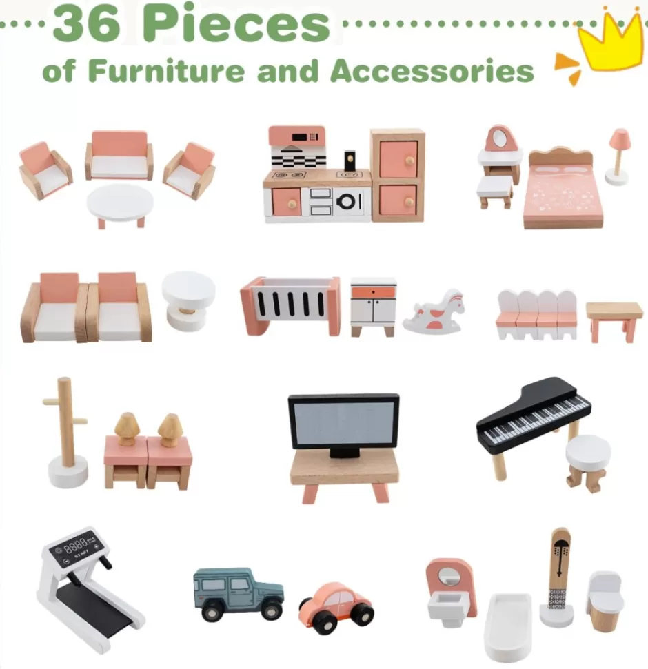 Cheap Baby Direct Corner Wooden DIY Dollhouse Playset with 34-Piece Furniture & Accessories