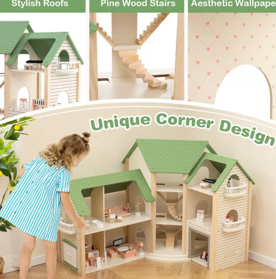 Cheap Baby Direct Corner Wooden DIY Dollhouse Playset with 34-Piece Furniture & Accessories