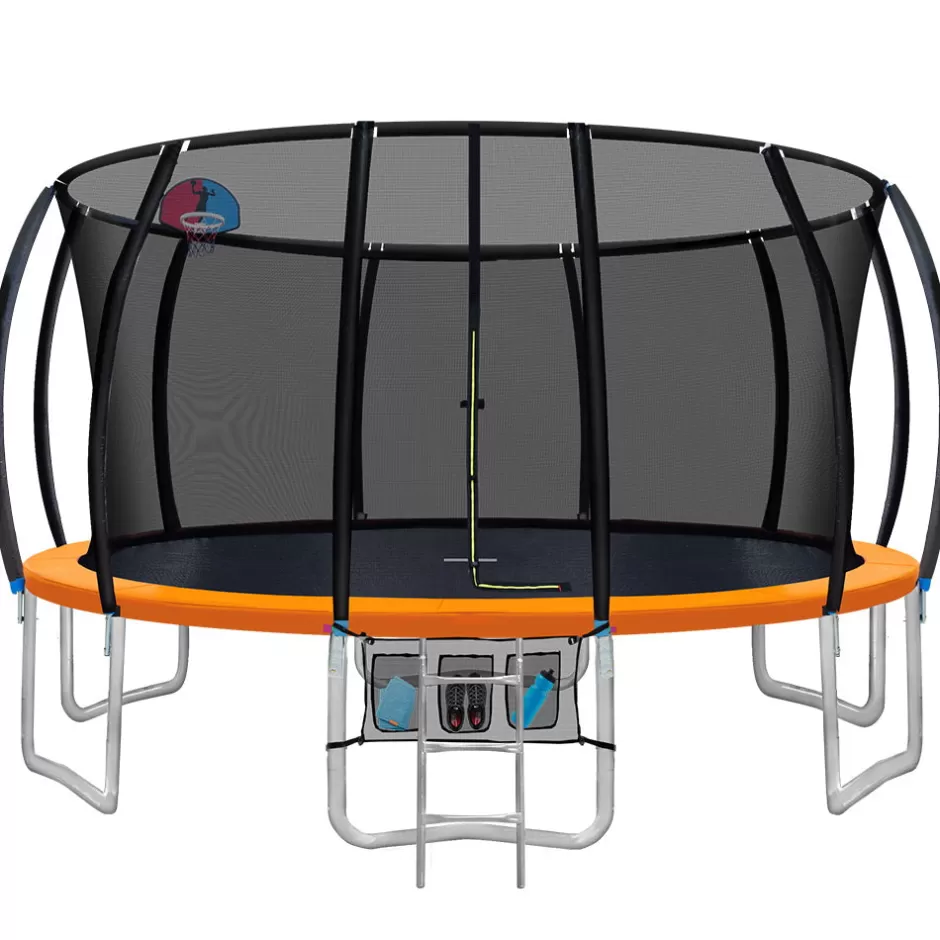 Fashion Baby Direct Everfit 16FT Trampoline Round Trampolines With Basketball Hoop Kids Present Gift Enclosure Safety Net Pad Outdoor Orange