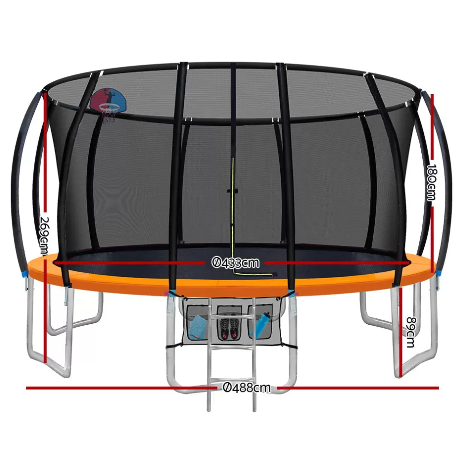 Fashion Baby Direct Everfit 16FT Trampoline Round Trampolines With Basketball Hoop Kids Present Gift Enclosure Safety Net Pad Outdoor Orange