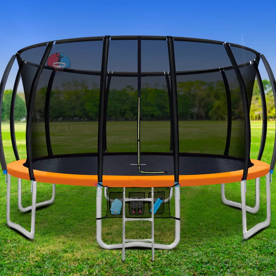 Fashion Baby Direct Everfit 16FT Trampoline Round Trampolines With Basketball Hoop Kids Present Gift Enclosure Safety Net Pad Outdoor Orange