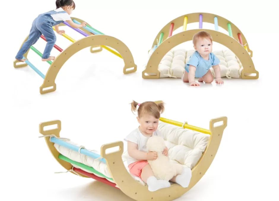 New Baby Direct 3-in-1 Double-Sided Wooden Arch Rocker with Plush Cushion for Children