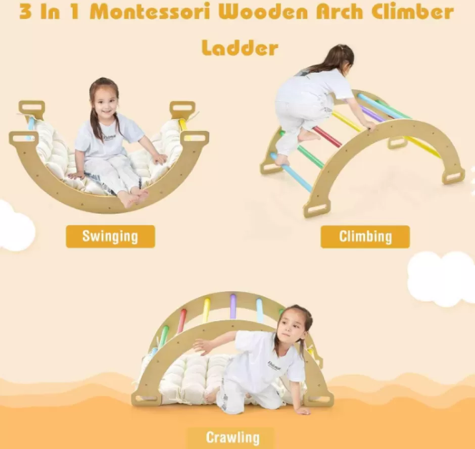 New Baby Direct 3-in-1 Double-Sided Wooden Arch Rocker with Plush Cushion for Children