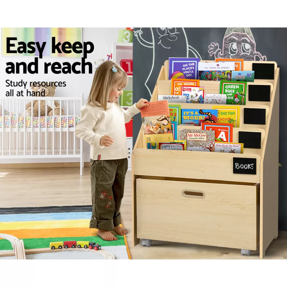 Cheap Baby Direct Keezi Kids Natural Wood Bookshelf Storage Organiser Bookcase Drawers Children