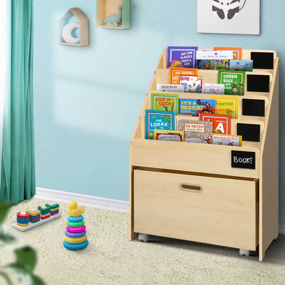 Cheap Baby Direct Keezi Kids Natural Wood Bookshelf Storage Organiser Bookcase Drawers Children