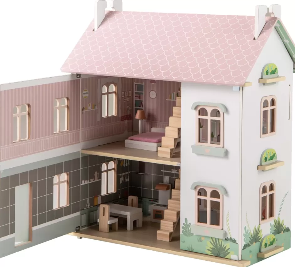 Best Sale Baby Direct Kids Wooden Dollhouse with Double-Sided Roofs and Openable Doors