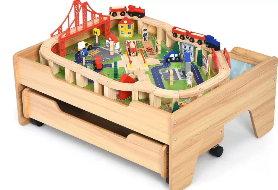 Online Baby Direct Kids Wooden Train Track Railway Set Table with 100 Multicolor Pieces