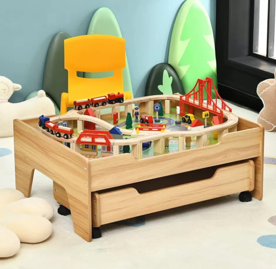 Online Baby Direct Kids Wooden Train Track Railway Set Table with 100 Multicolor Pieces