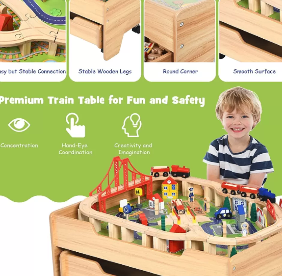 Online Baby Direct Kids Wooden Train Track Railway Set Table with 100 Multicolor Pieces