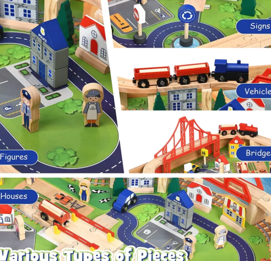 Online Baby Direct Kids Wooden Train Track Railway Set Table with 100 Multicolor Pieces