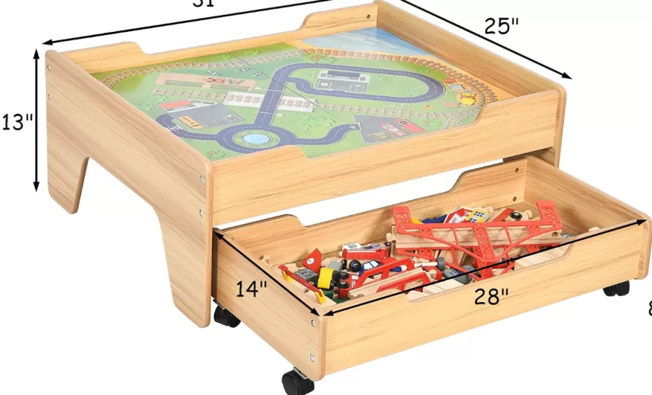Online Baby Direct Kids Wooden Train Track Railway Set Table with 100 Multicolor Pieces