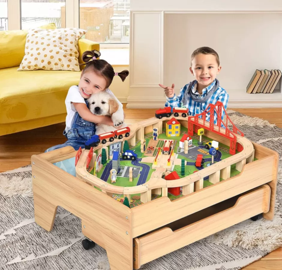 Online Baby Direct Kids Wooden Train Track Railway Set Table with 100 Multicolor Pieces