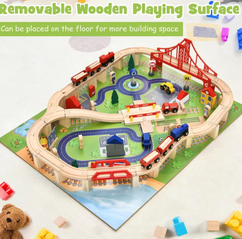 Online Baby Direct Kids Wooden Train Track Railway Set Table with 100 Multicolor Pieces