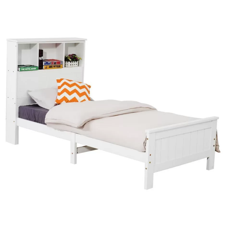 Discount Baby Direct King Single Solid Pine Timber Bed Frame with Bookshelf Storage Headboard- White
