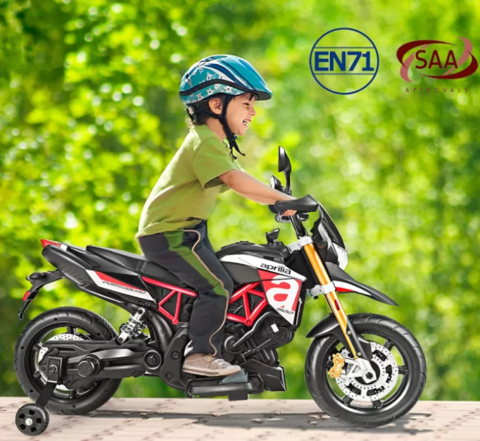 Online Baby Direct Licensed Aprilia 12V Electric Motorcycle, Battery Powered Kids Motorcycle w/ MP3 Player, LED Light, Spring Suspension, Chargeable Design, Training Wheels, Realistic Horn (Red)