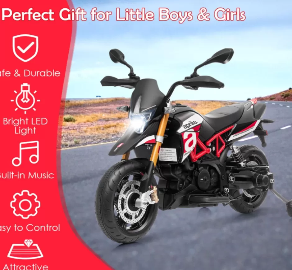 Online Baby Direct Licensed Aprilia 12V Electric Motorcycle, Battery Powered Kids Motorcycle w/ MP3 Player, LED Light, Spring Suspension, Chargeable Design, Training Wheels, Realistic Horn (Red)