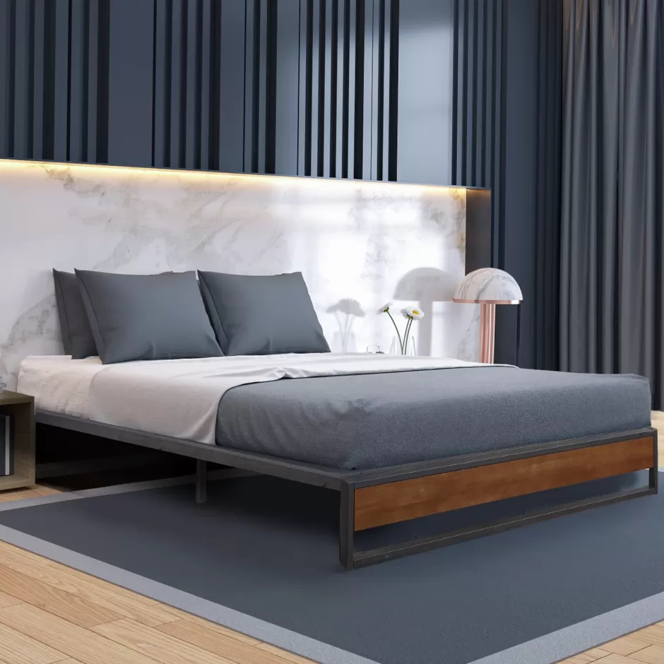 Discount Baby Direct Milano Decor Sorrento Metal Wood Bed Frame Mattress Base Platform Modern Black - King Single - Black