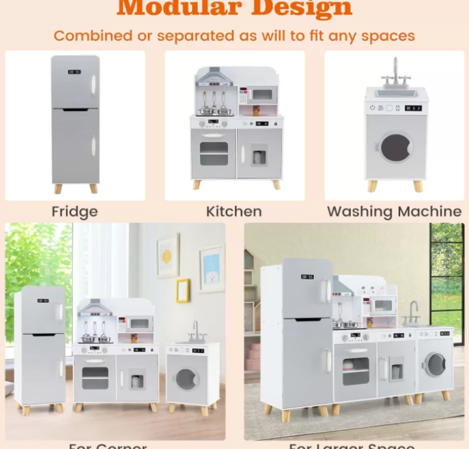 Cheap Baby Direct Modular Kids Kitchen Playset with Range Hood and Washing Machine