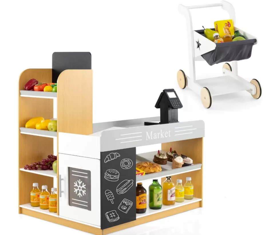 Online Baby Direct Pretend Play Grocery Store Set with Shopping Cart, 2 Chalkboards and Cash Register