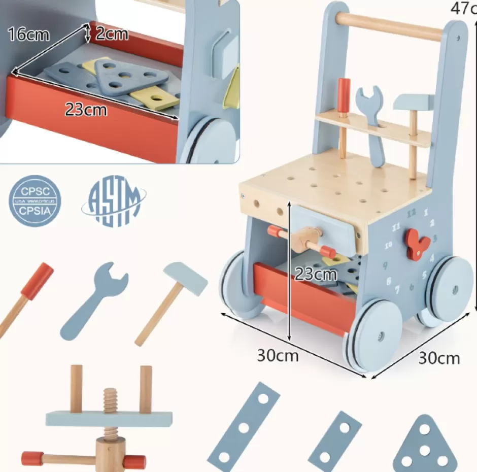 Sale Baby Direct Rever Bebe 2-in-1 Wooden Toddler Push Walker and Tool Toy with Bottom Storage