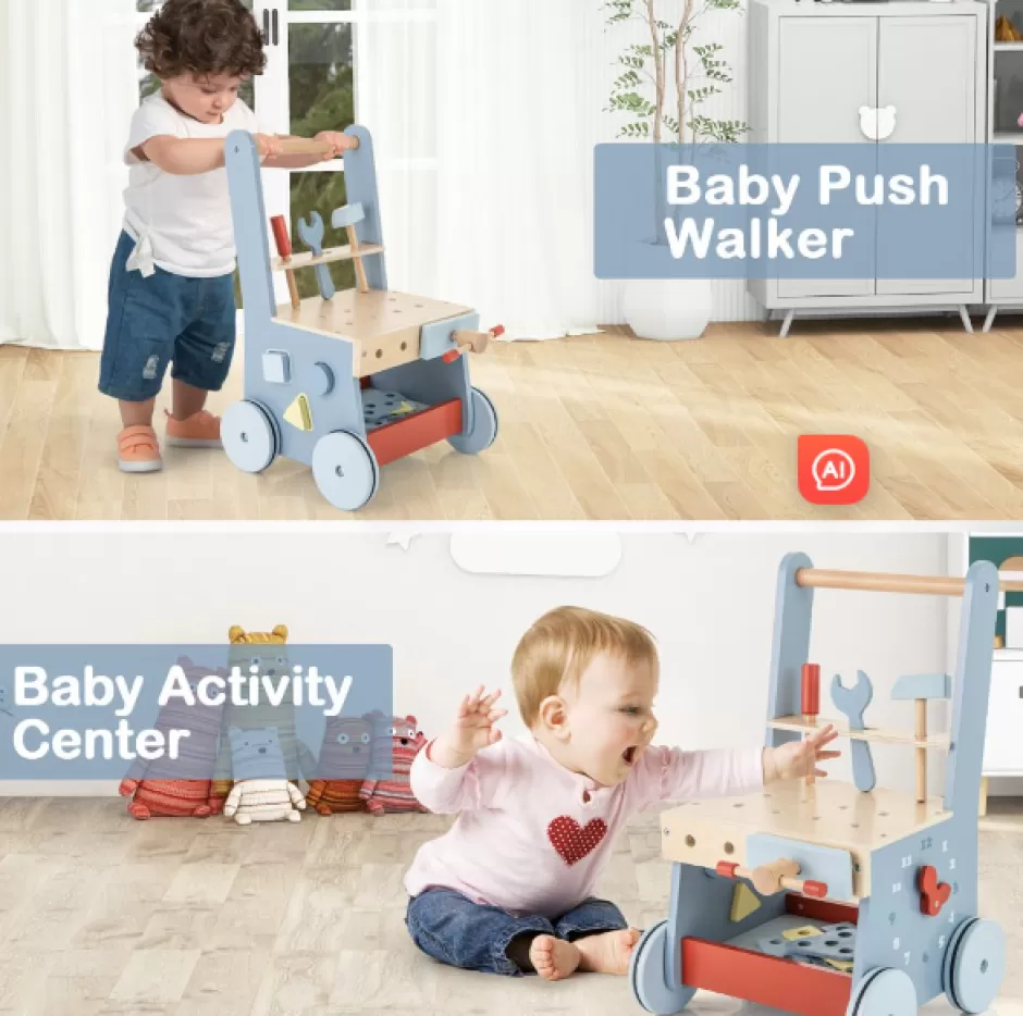 Sale Baby Direct Rever Bebe 2-in-1 Wooden Toddler Push Walker and Tool Toy with Bottom Storage