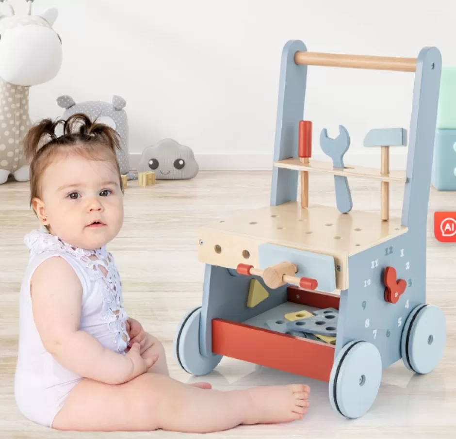 Sale Baby Direct Rever Bebe 2-in-1 Wooden Toddler Push Walker and Tool Toy with Bottom Storage