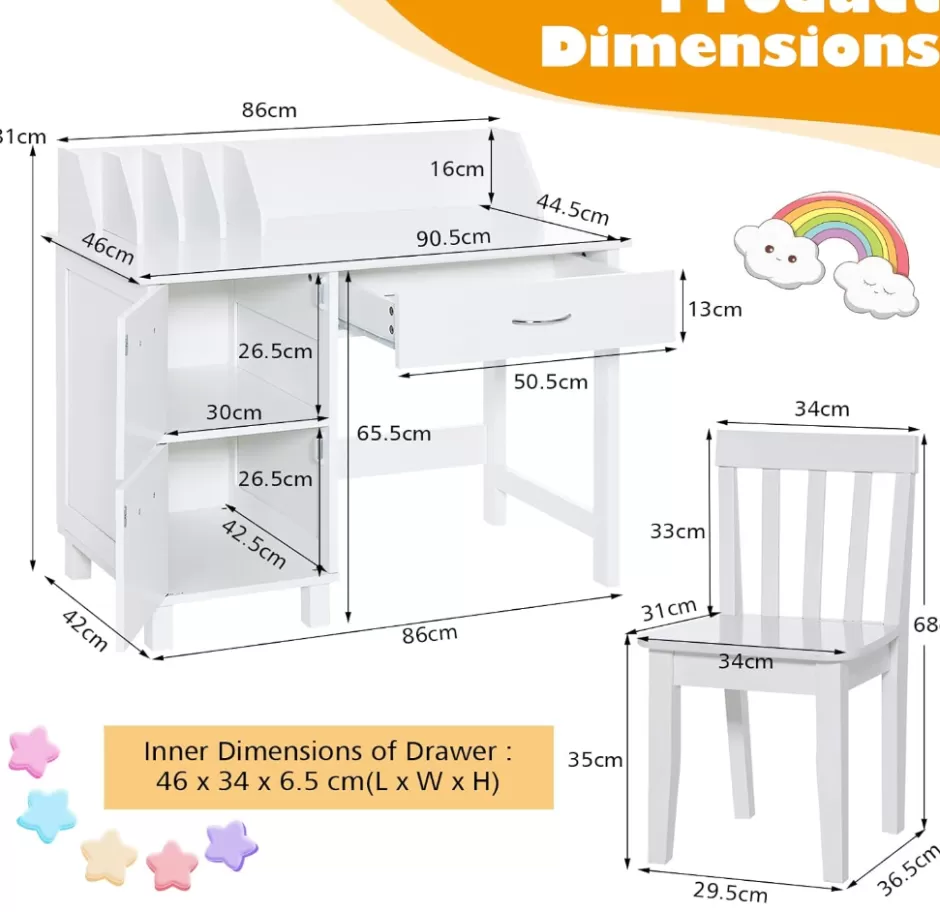 Outlet Baby Direct Rever Bebe Kids Learning Desk and Chair Set white with shelf and storage
