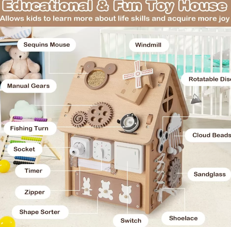 Fashion Baby Direct Rever Bebe  Kids Montessori Busy House Toy, Wooden Multi-Purpose Play House