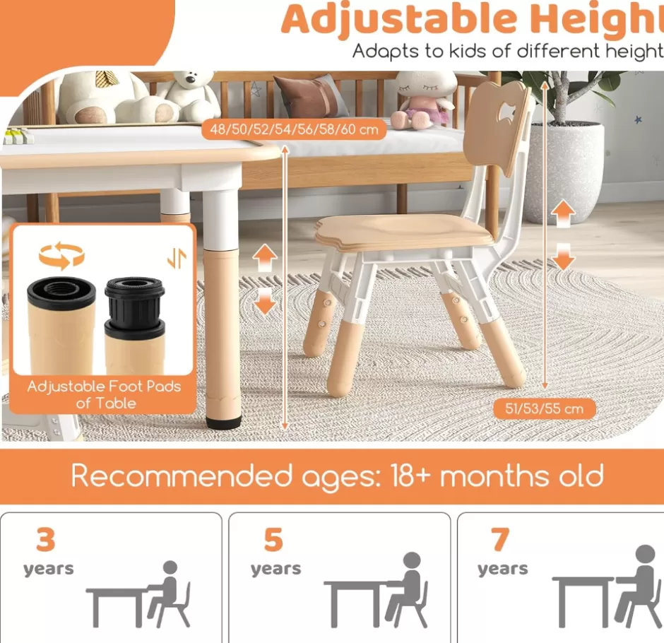 New Baby Direct Rever Bebe Kids Table and 4 Chairs Set, Height Adjustable Toddler Desk