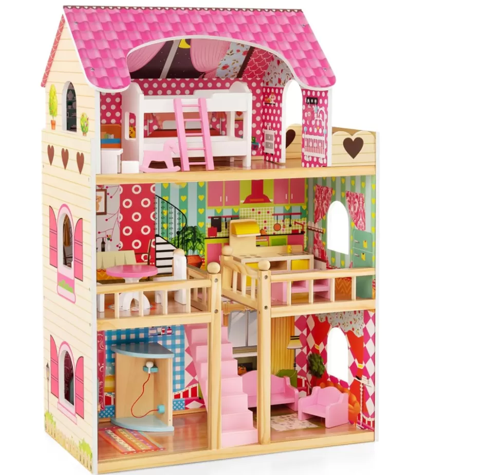 Store Baby Direct Rever Bebe Kids Wooden Dollhouse Playset w/15 Furniture Accessories