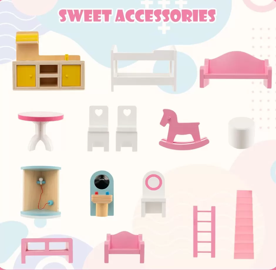 Store Baby Direct Rever Bebe Kids Wooden Dollhouse Playset w/15 Furniture Accessories