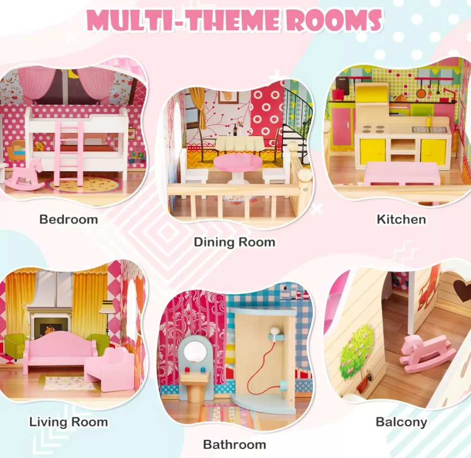 Store Baby Direct Rever Bebe Kids Wooden Dollhouse Playset w/15 Furniture Accessories