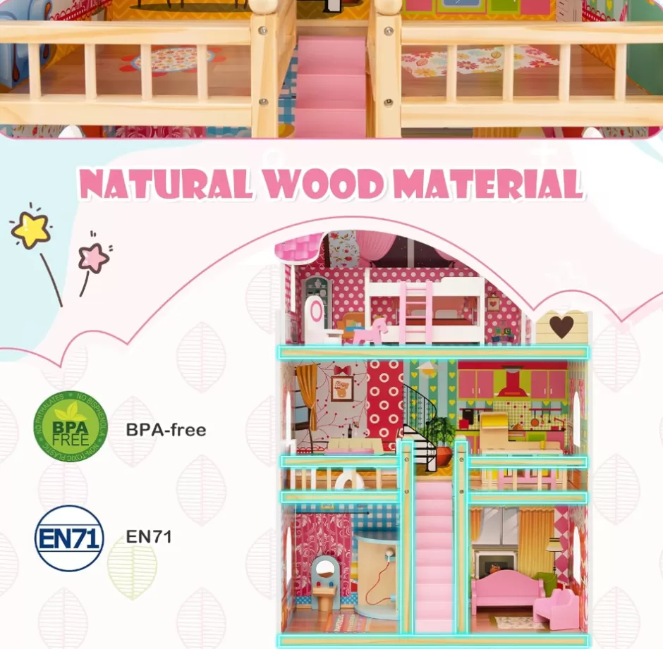 Store Baby Direct Rever Bebe Kids Wooden Dollhouse Playset w/15 Furniture Accessories