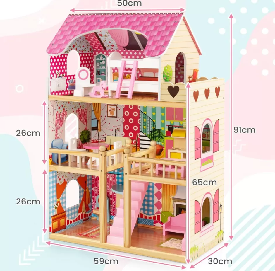 Store Baby Direct Rever Bebe Kids Wooden Dollhouse Playset w/15 Furniture Accessories