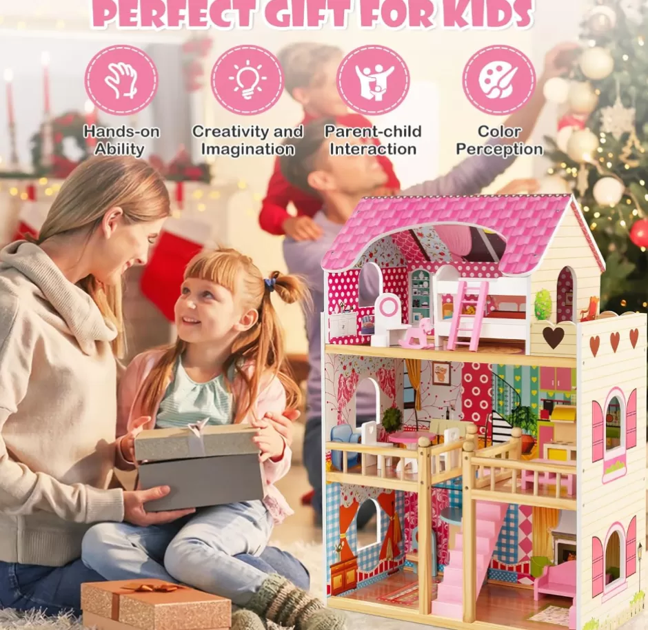 Store Baby Direct Rever Bebe Kids Wooden Dollhouse Playset w/15 Furniture Accessories