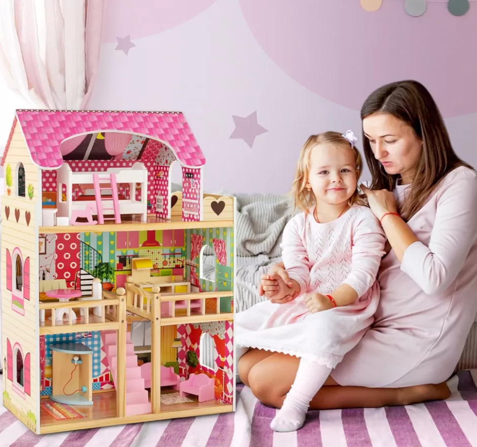 Store Baby Direct Rever Bebe Kids Wooden Dollhouse Playset w/15 Furniture Accessories