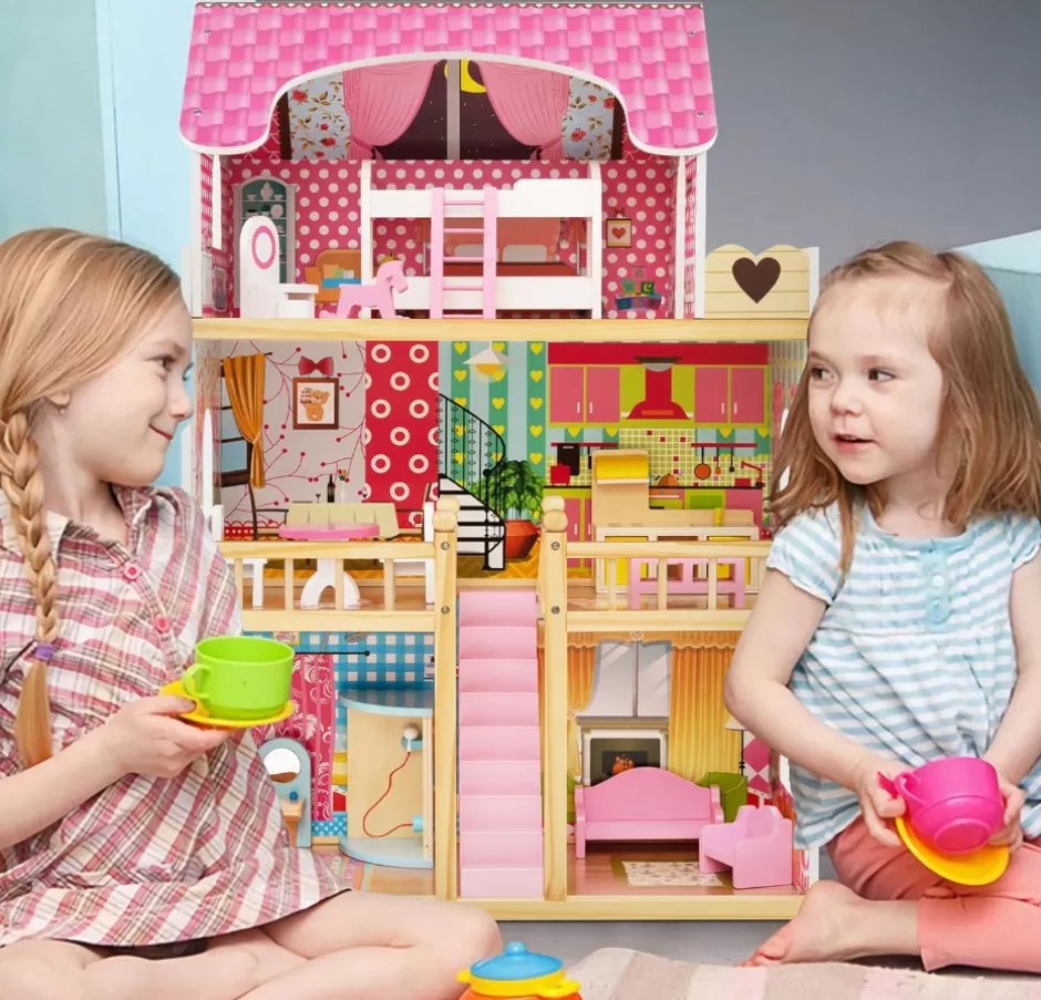 Store Baby Direct Rever Bebe Kids Wooden Dollhouse Playset w/15 Furniture Accessories