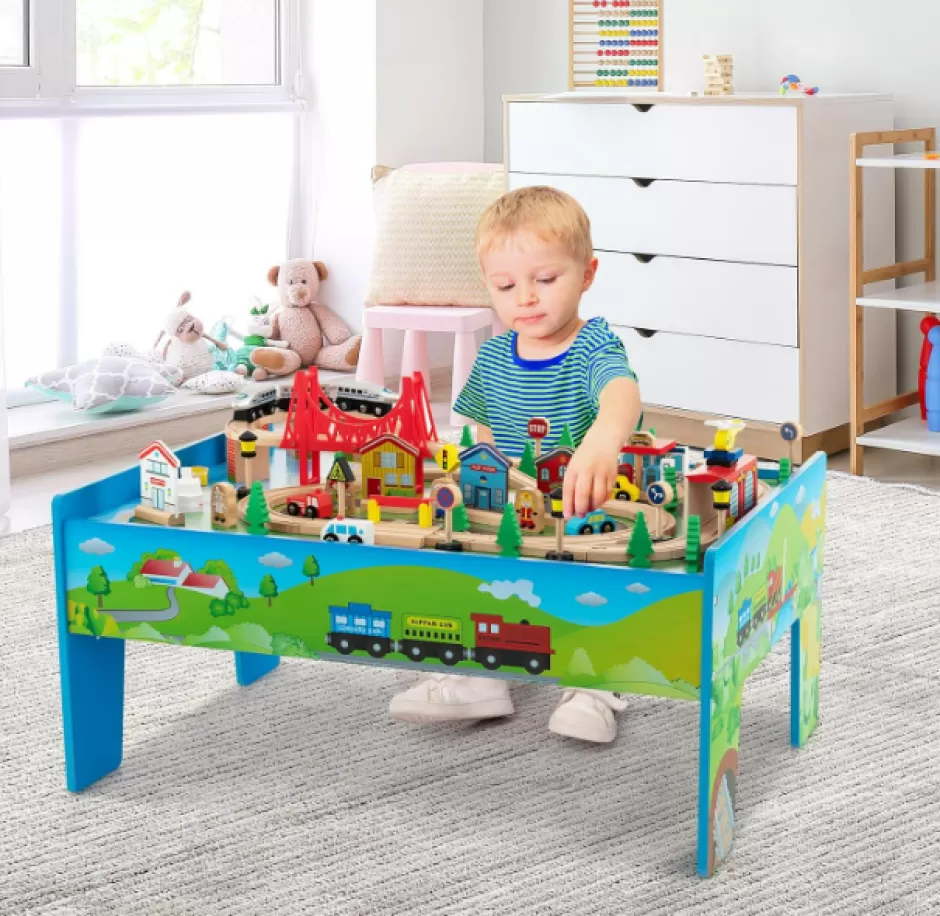 Hot Baby Direct Rever Bebe Wooden Train Railway Table Set Multi Color