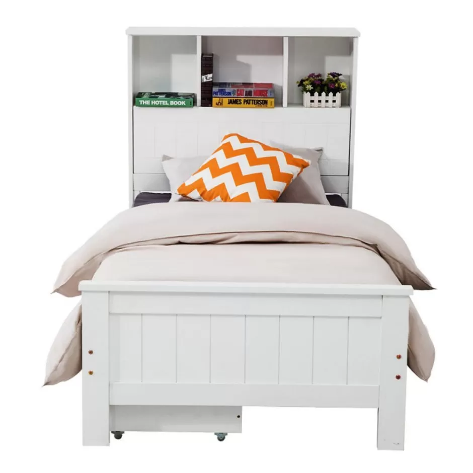 Cheap Baby Direct Single Size Solid Pine Timber Bed Frame with Bookshelf Headboard- White