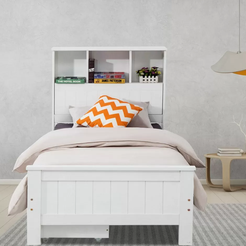 Cheap Baby Direct Single Size Solid Pine Timber Bed Frame with Bookshelf Headboard- White
