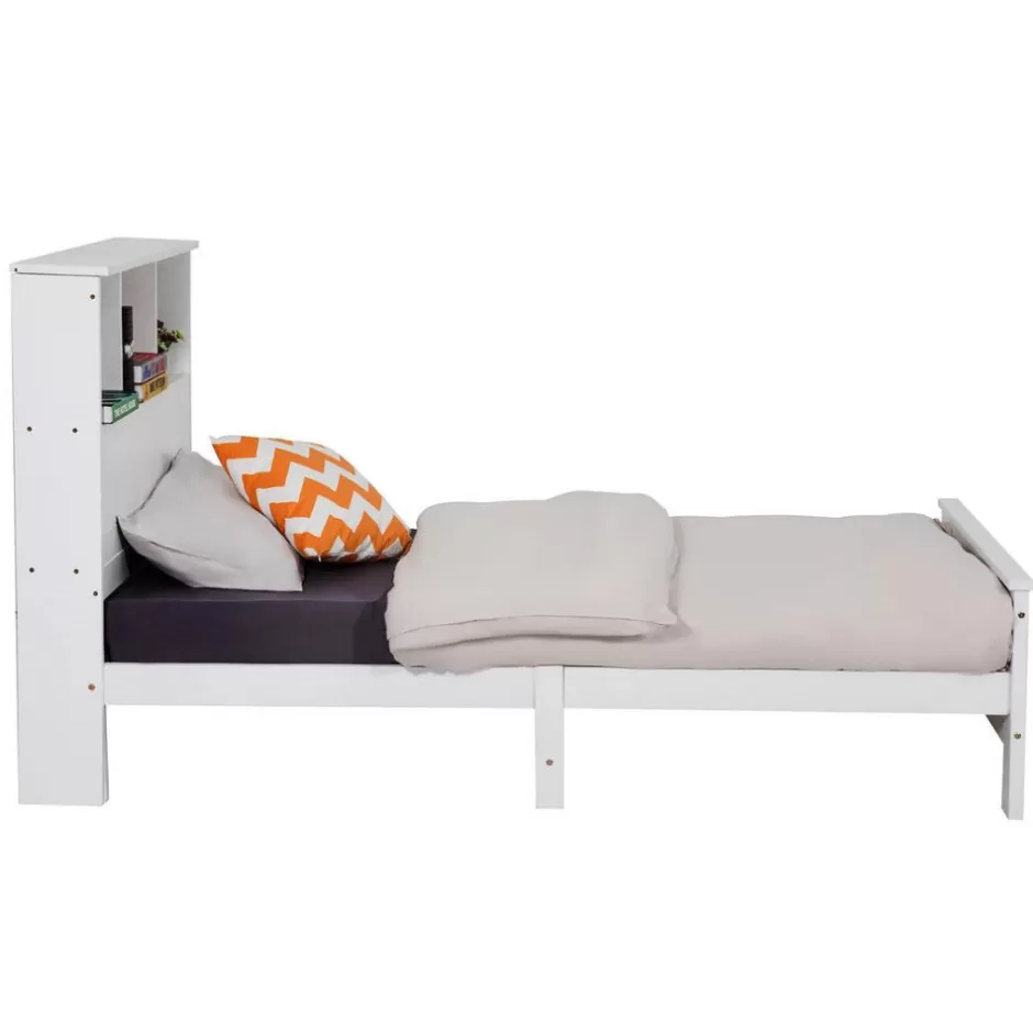Cheap Baby Direct Single Size Solid Pine Timber Bed Frame with Bookshelf Headboard- White