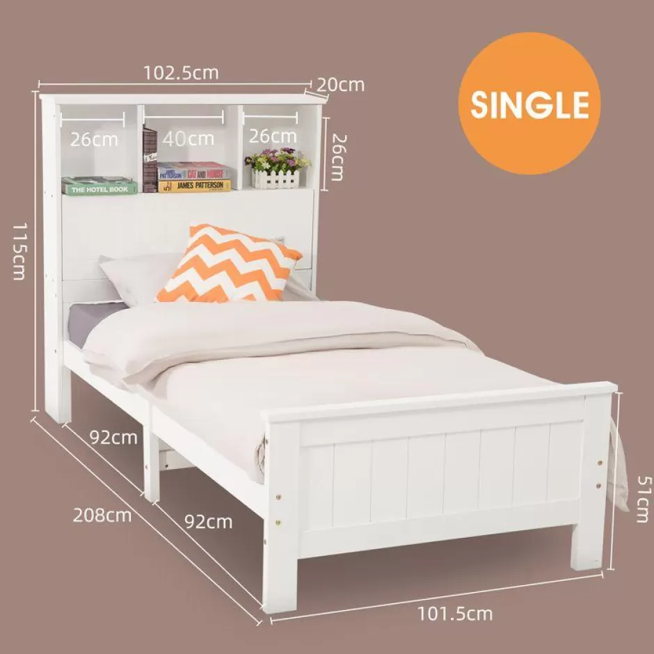 Cheap Baby Direct Single Size Solid Pine Timber Bed Frame with Bookshelf Headboard- White