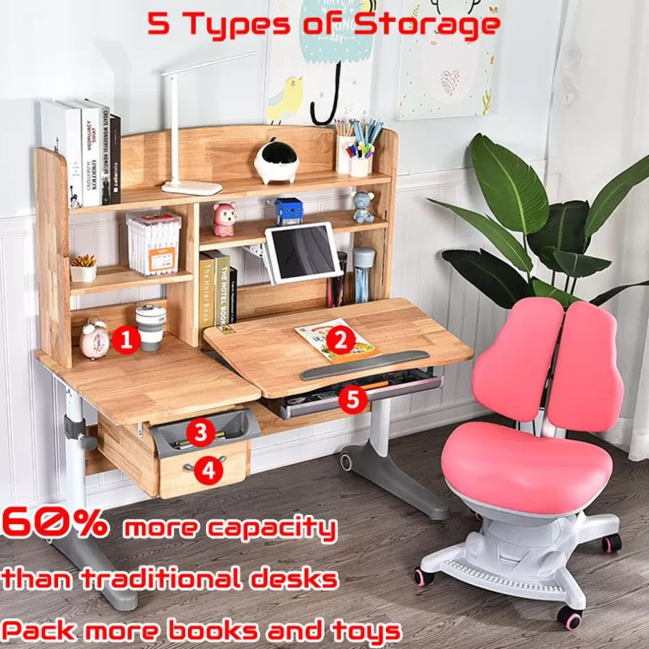 Clearance Baby Direct Solid Rubber Wood Height Adjustable Children Kids Ergonomic Study Desk Chair Set Pink Chair 120cm AU